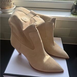 Larroude Beige Suede Western Ankle Booties
